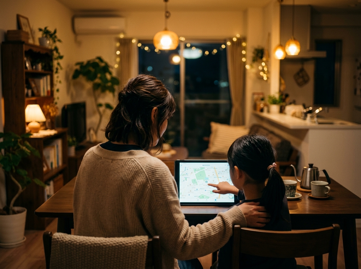 夜のリビングでタブレットの地図を囲む親子