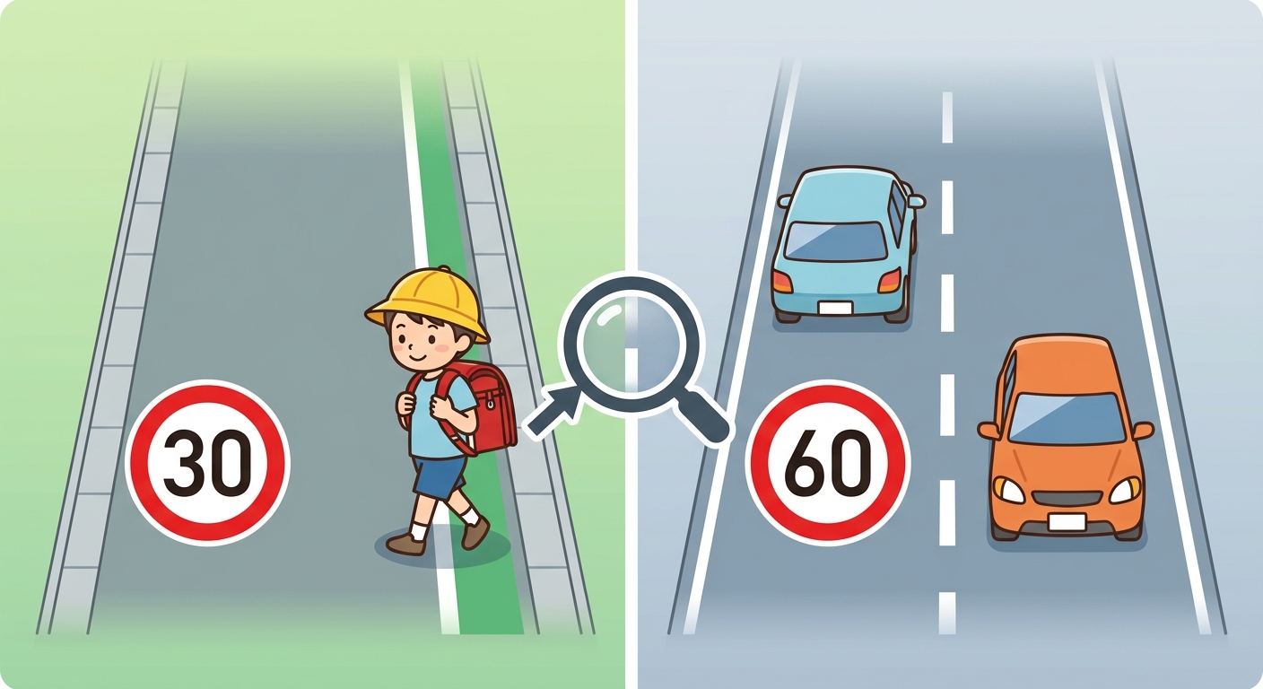 中央線の有無で見分ける30km/h対象道路の比較図