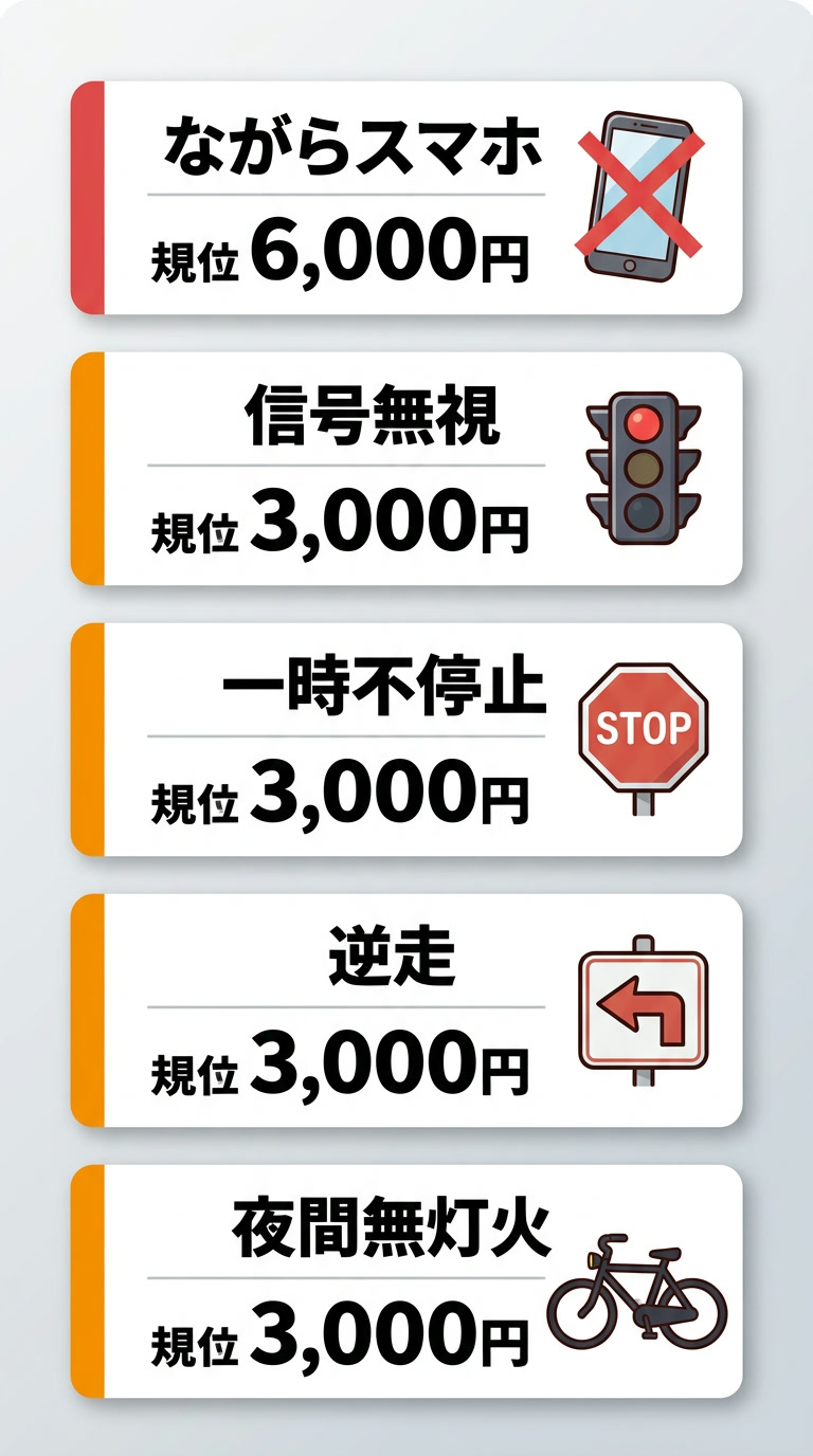 主な違反行為と反則金一覧