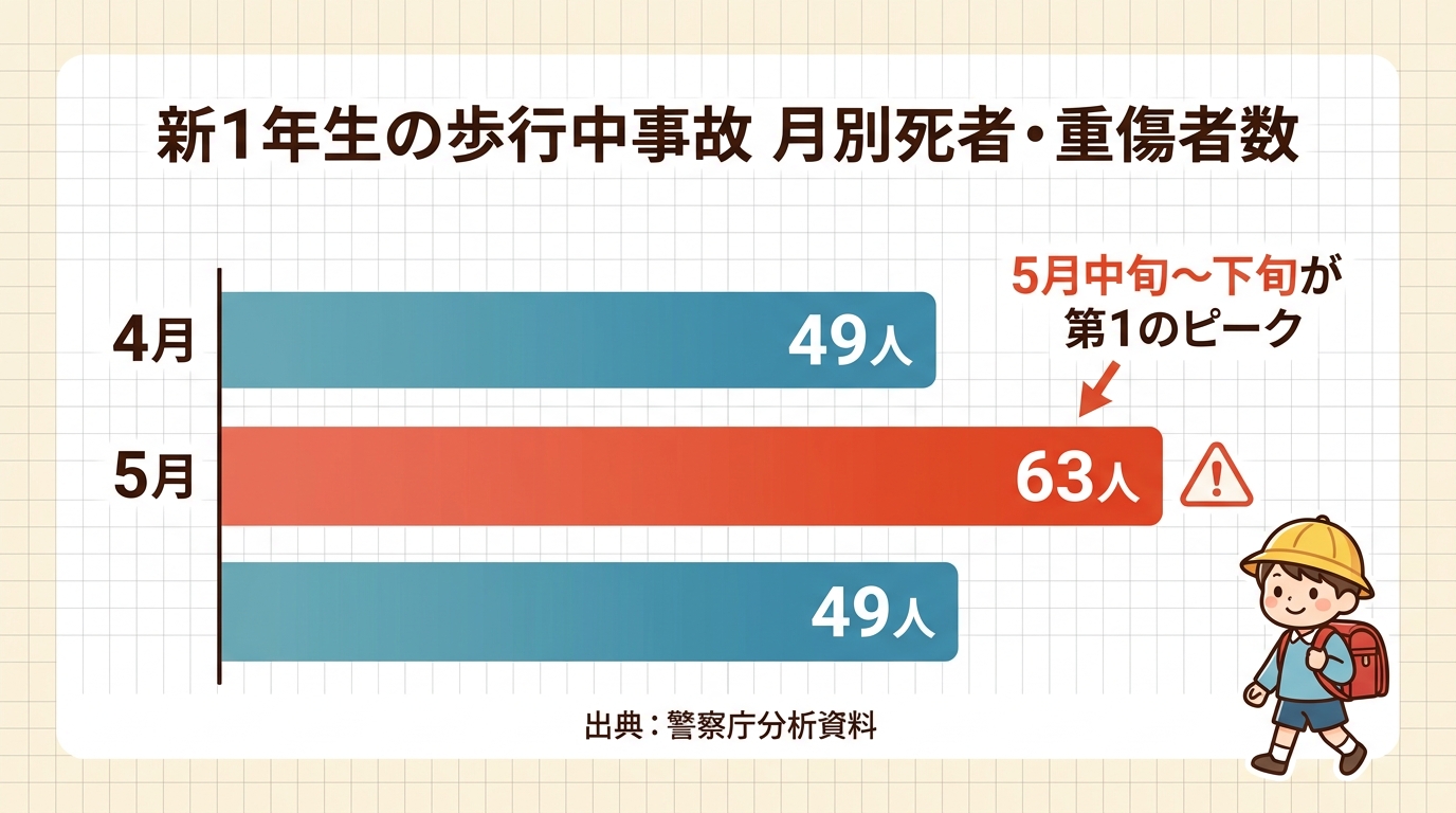 新1年生の月別事故ピーク（4月→5月）