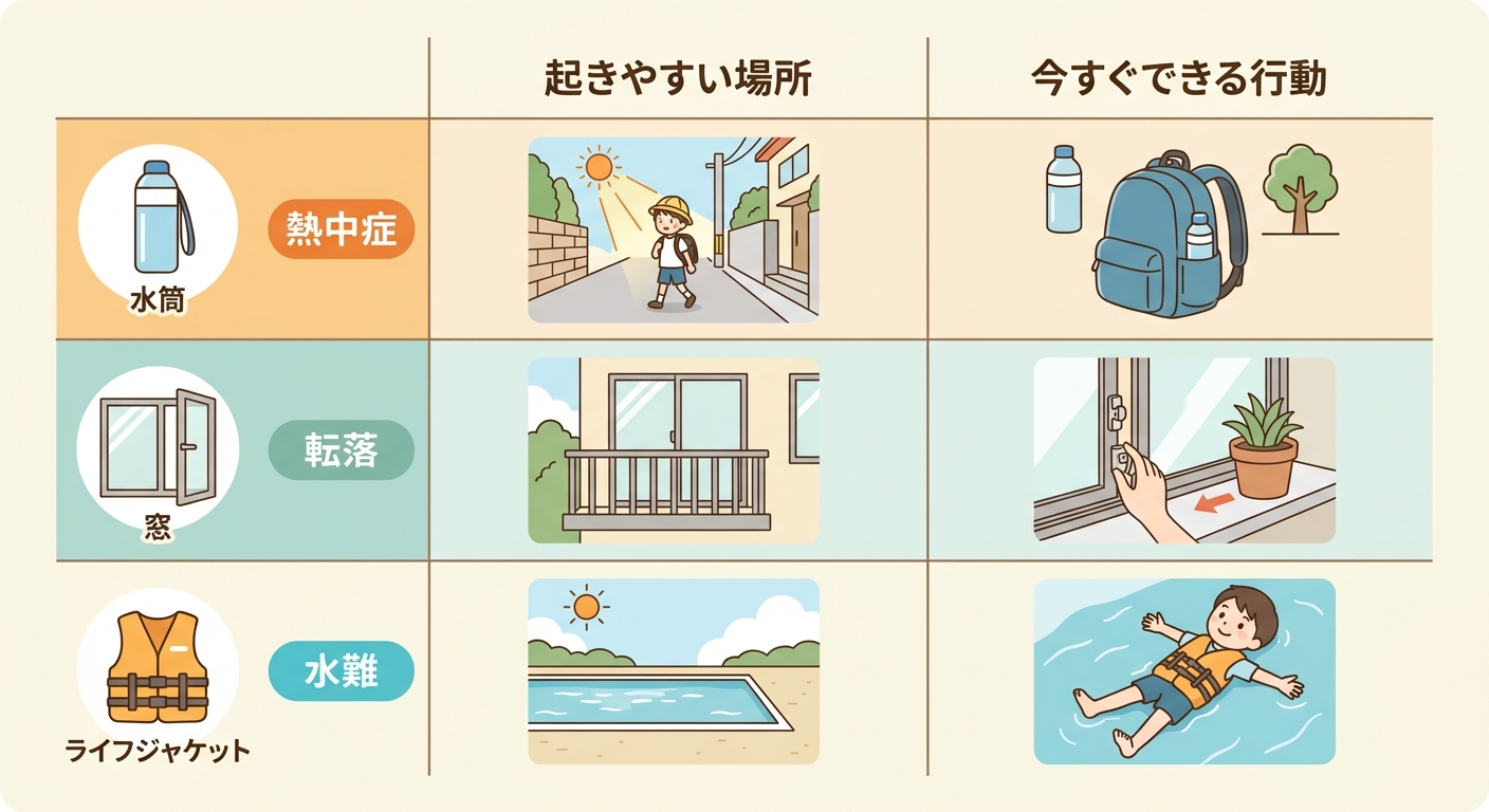 「熱中症・転落・水難」3つのリスクと対策の一覧表インフォグラフィック