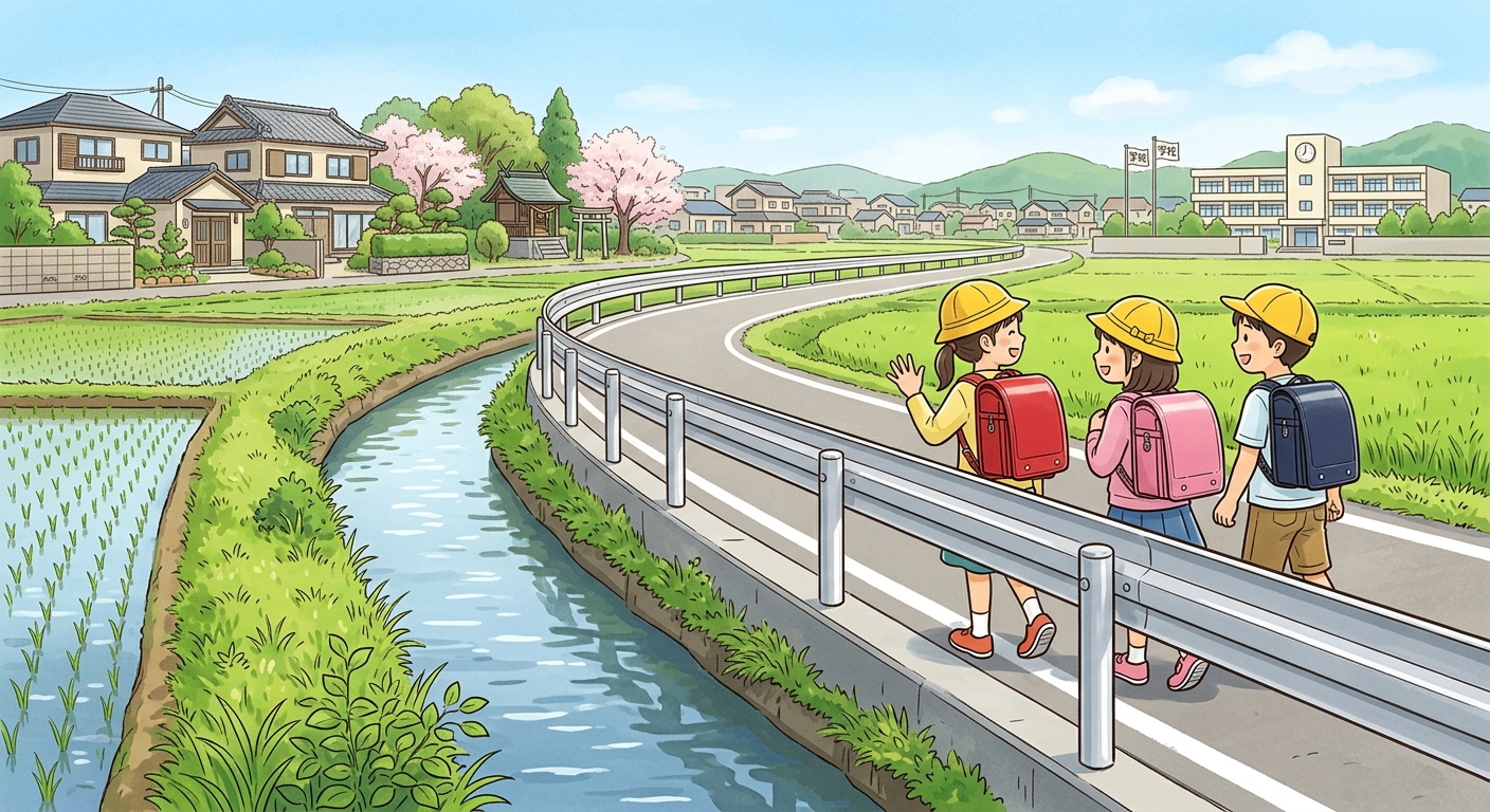 【岡山県岡山市】古都学区の児童通学路にガードレールを設置—用水路脇の危険箇所を改善